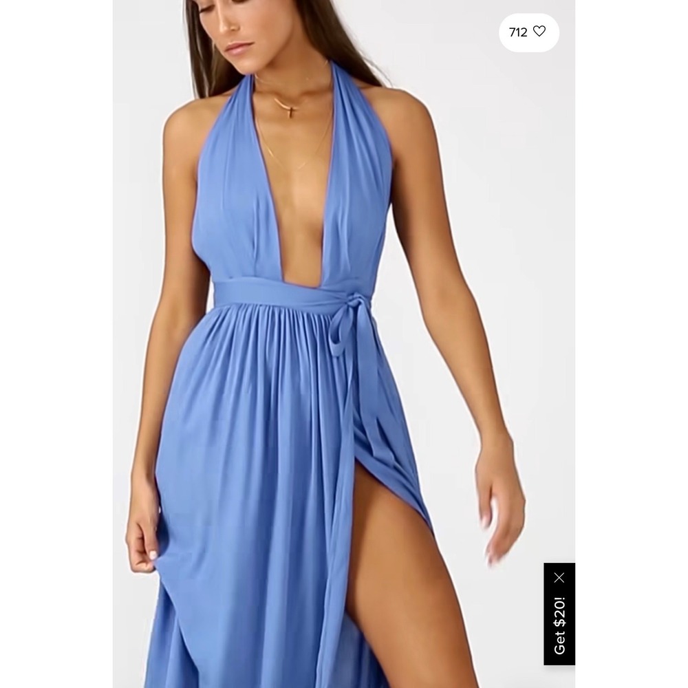 Lulus Magical Moment Blue Wrap Deep V Halter Backless Maxi Dress High Slit XS